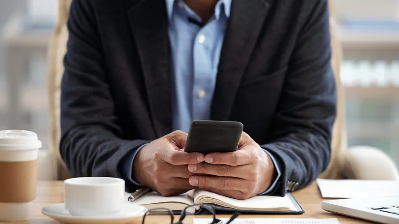 Advogado de terno lendo mensagens no celular, com agenda aberta e café sobre a mesa
