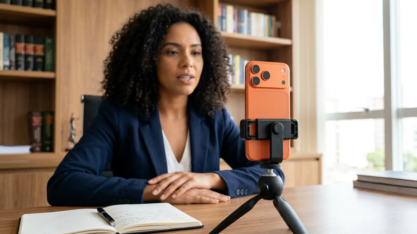 Advogada sentada à mesa do escritório gravando um vídeo com um iPhone 17 Pro laranja apoiado num tripé
