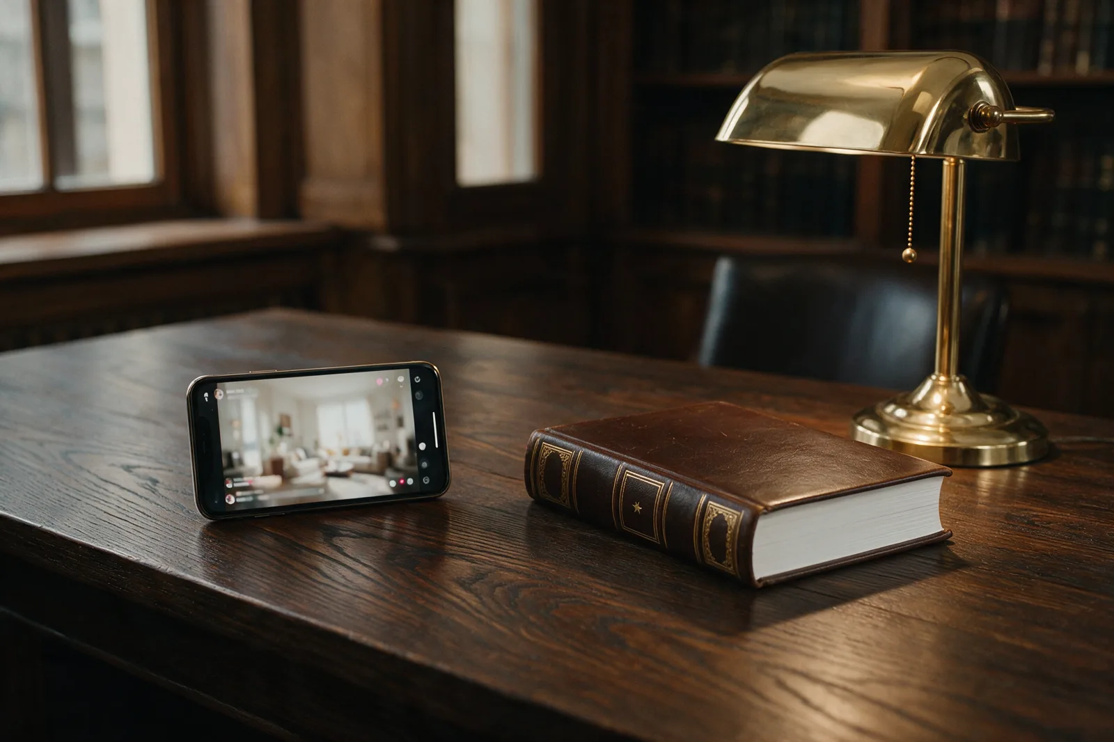 Celular com vídeos de rede social sobre a mesa de madeira de um escritório de advocacia, ao lado de um livro de capa de couro e de um abajur